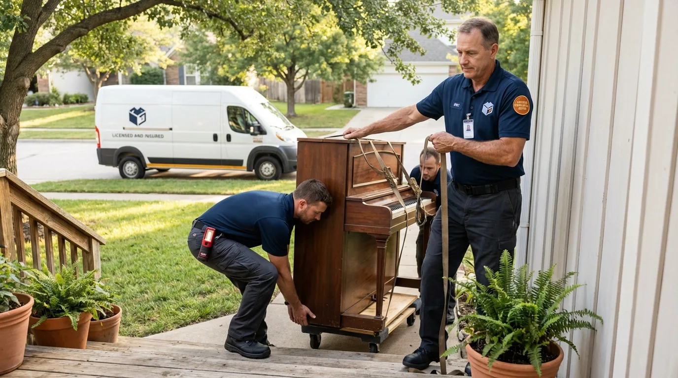 Licensed piano movers securing grand piano in Hooksett, NH