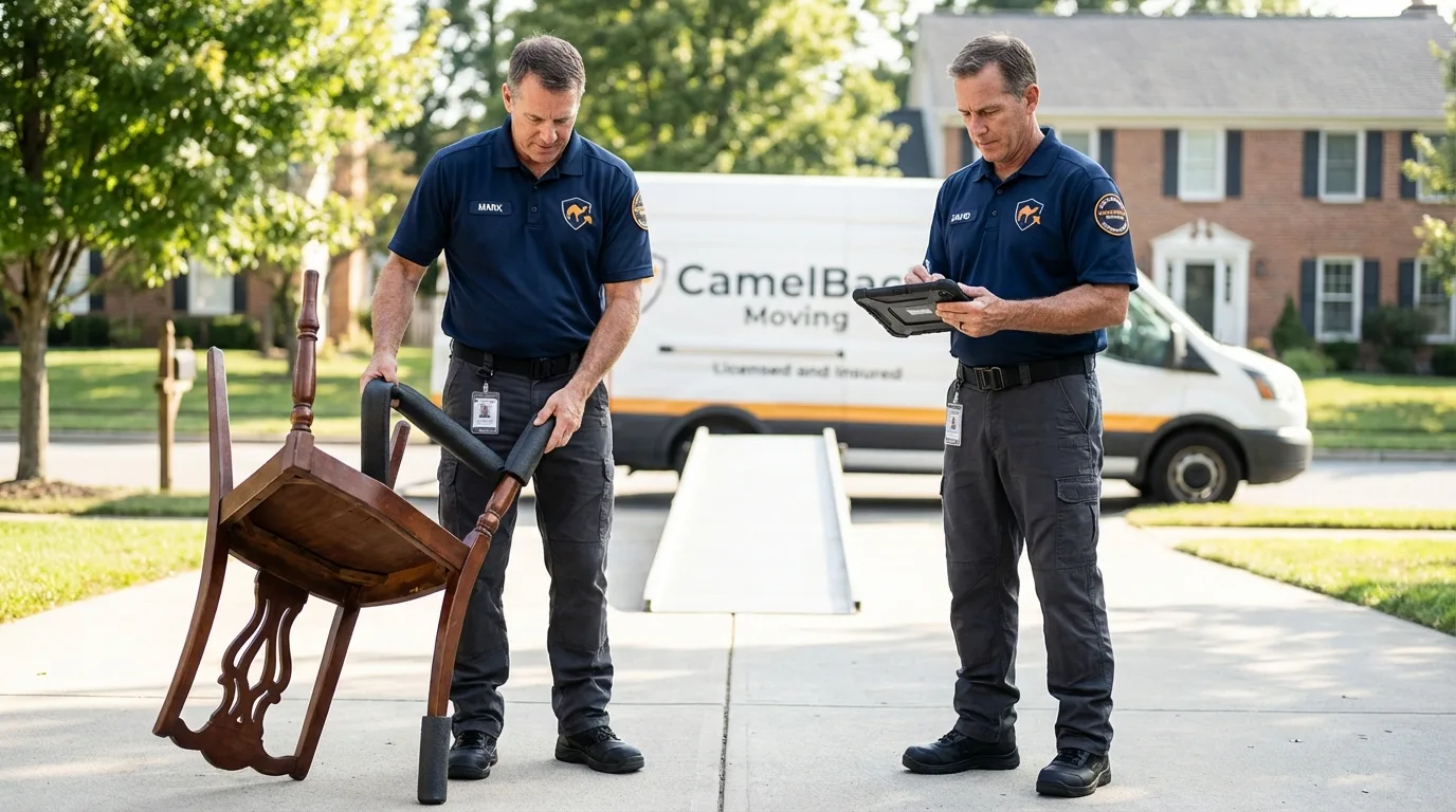 Movers inspecting furniture for damage prevention before loading in Hooksett, NH