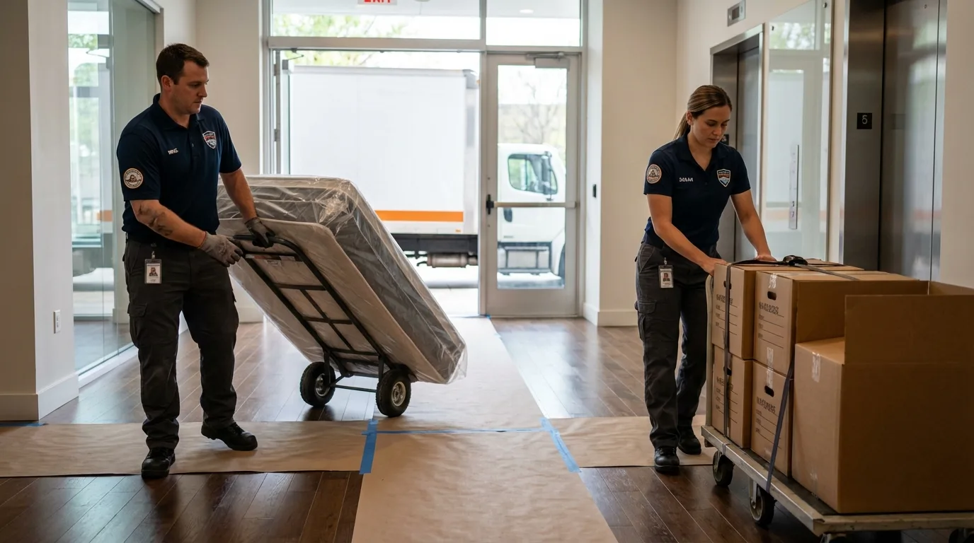 Professional apartment movers loading elevator in Hooksett, NH