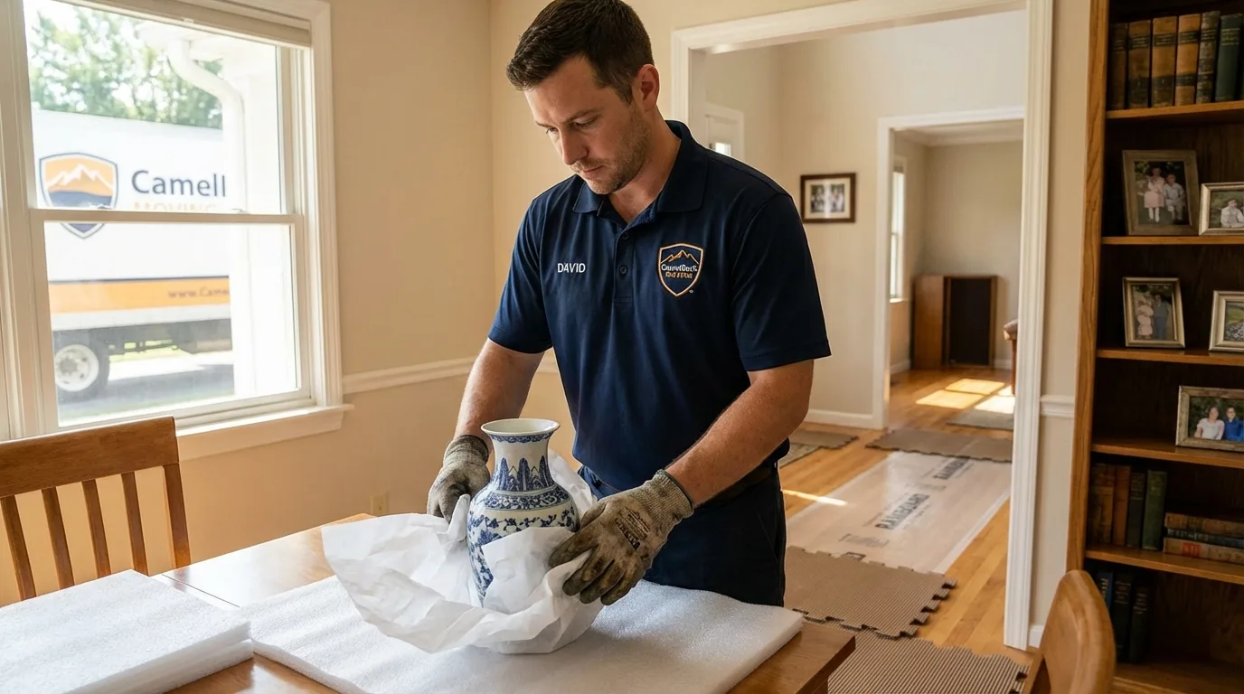 Professional crew carefully wrapping antique vase for senior downsizing move in Hooksett, NH