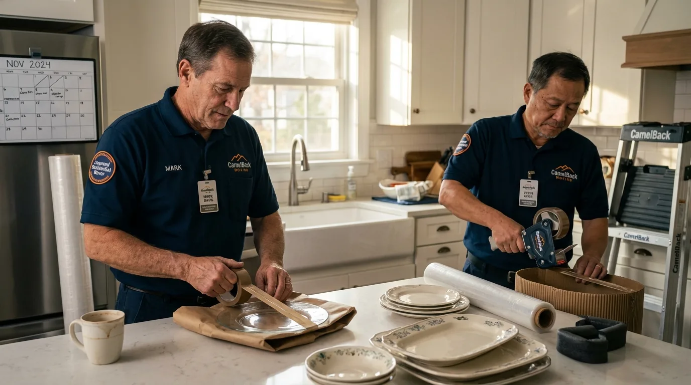 Professional crew packing kitchen dishware in Hooksett, NH